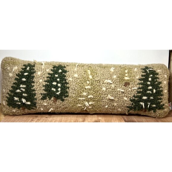 Chandler 4 Corner Wool Hooked Lumbar Pillow With Evergreen Tree Design Handmade - Picture 1 of 7